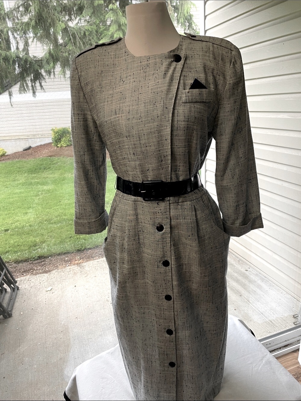Women’s EUC VINTAGE MADE IN USA PERIWINKLE Sz 10 MIDI Tweed Dress Blk Accents